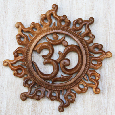 Wood relief panel, 'Blazing Om' - Flame Burst Motif Om Wall Art Made from Suar Wood Indonesia