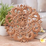 Wood relief panel, 'Lotus Heart' - Hand-Carved Suar Wood Lotus Flower Relief Panel from Bali