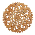 Wood relief panel, 'Lotus Heart' - Hand-Carved Suar Wood Lotus Flower Relief Panel from Bali