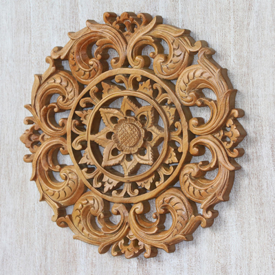 Wood relief panel, 'Lotus Heart' - Hand-Carved Suar Wood Lotus Flower Relief Panel from Bali