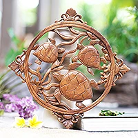 Wood relief panel, 'Seaweed Turtles' - Hand-Carved Suar Wood Turtle-Themed Relief Panel from Bali