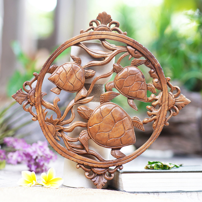Wood relief panel, 'Seaweed Turtles' - Hand-Carved Suar Wood Turtle-Themed Relief Panel from Bali