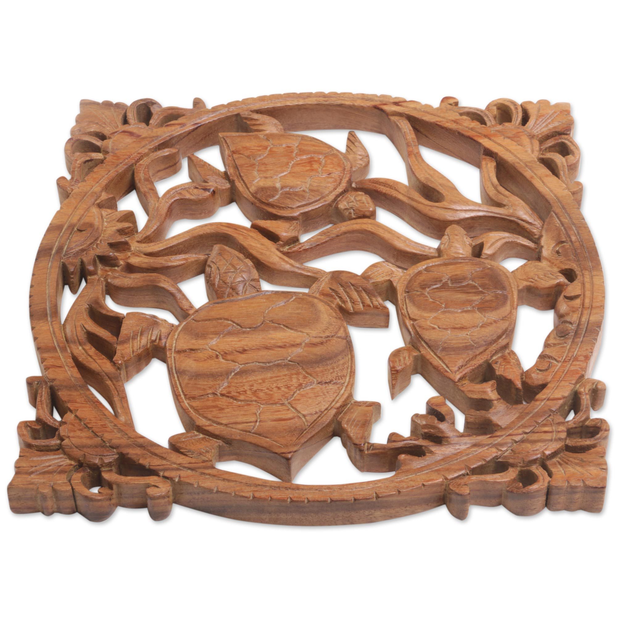 HandCarved Suar Wood TurtleThemed Relief Panel from Bali Seaweed