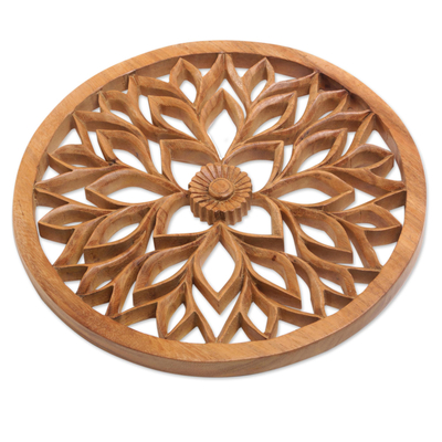 Wood relief panel, 'Petaled Energy' - Handcrafted Suar Wood Floral Relief Panel from Bali