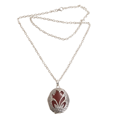 Carnelian pendant necklace, 'Evening Flowers' - Carnelian and 925 Silver Floral Pendant Necklace from Bali