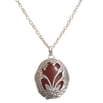 Carnelian pendant necklace, 'Evening Flowers' - Carnelian and 925 Silver Floral Pendant Necklace from Bali
