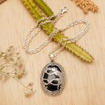 Onyx pendant necklace, 'Lemur Jungle' - Onyx and 925 Silver Lemur Pendant Necklace from Bali