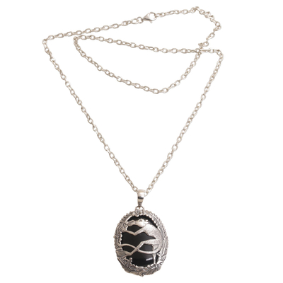 Halskette mit Onyx-Anhänger - Lemur-Anhänger-Halskette aus Onyx und 925er Silber aus Bali