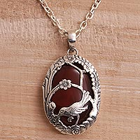 Carnelian pendant necklace, 'Avian Curiosity'