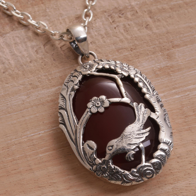 Carnelian pendant necklace, 'Avian Curiosity' - Carnelian and 925 Silver Bird Pendant Necklace from Bali
