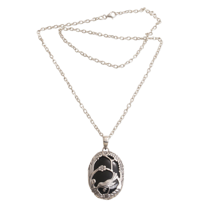 Onyx pendant necklace, 'Avian Curiosity' - Onyx and 925 Silver Bird-Themed Pendant Necklace from Bali