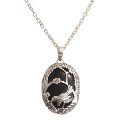 Onyx pendant necklace, 'Avian Curiosity' - Onyx and 925 Silver Bird-Themed Pendant Necklace from Bali