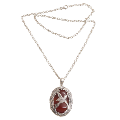 Carnelian pendant necklace, 'Nature's Freedom' - Carnelian and 925 Silver Bird Pendant Necklace from Bali