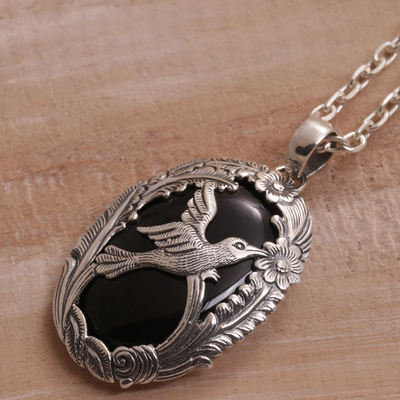 Onyx pendant necklace, 'Nature's Freedom' - Onyx and 925 Silver Bird-Themed Pendant Necklace from Bali