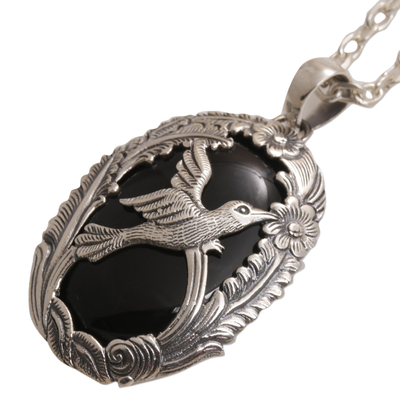 Onyx pendant necklace, 'Nature's Freedom' - Onyx and 925 Silver Bird-Themed Pendant Necklace from Bali