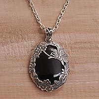 Onyx pendant necklace, 'Evening Butterfly' - Onyx and 925 Silver Butterfly Pendant Necklace from Bali