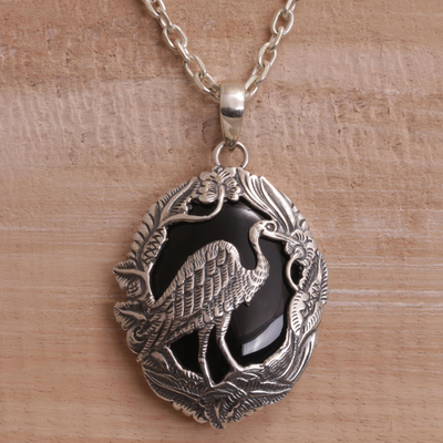 Onyx pendant necklace, 'Heron Haven' - Onyx and Sterling Silver Heron Pendant Necklace from Bali