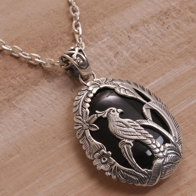 Onyx pendant necklace, 'Cockatoo Jungle' - Onyx and 925 Silver Cockatoo Pendant Necklace from Bali