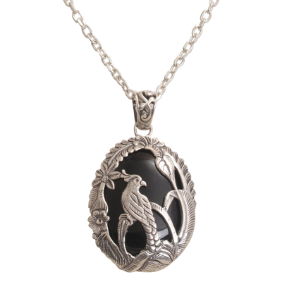 Onyx pendant necklace, 'Cockatoo Jungle' - Onyx and 925 Silver Cockatoo Pendant Necklace from Bali