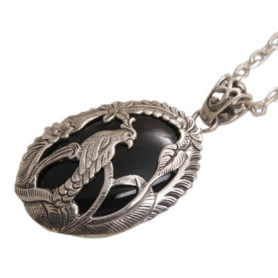 Onyx-Anhänger-Halskette, 'Kakadu-Dschungel'. - Onyx und 925er Silber-Kakadu-Anhänger-Halskette aus Bali