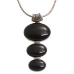 Onyx pendant necklace, 'Night Ovals' - Onyx and Sterling Silver Oval Pendant Necklace from Bali