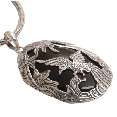 Halskette mit Onyx-Anhänger - Halskette mit Vogelanhänger aus Onyx und Sterlingsilber aus Bali
