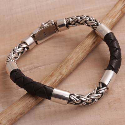 Men's Sterling Silver and Leather Bracelet from Bali - One Strength