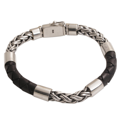 Men's leather and sterling silver bracelet, 'One Strength' - Men's Sterling Silver and Leather Bracelet from Bali