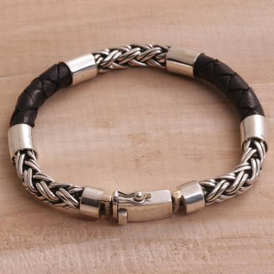 Men's leather and sterling silver bracelet, 'One Strength' - Men's Sterling Silver and Leather Bracelet from Bali