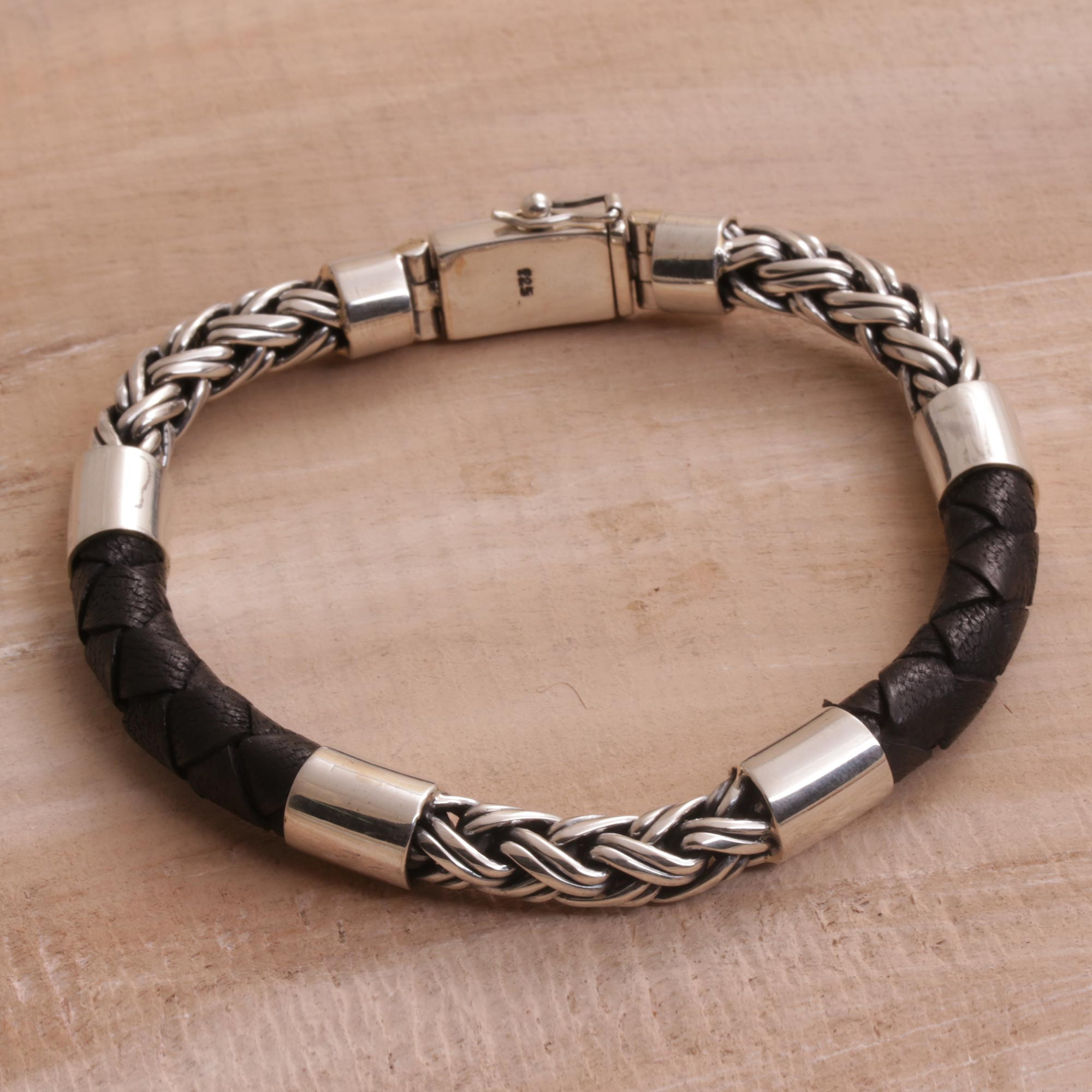 Men's Sterling Silver and Leather Bracelet from Bali - One Strength ...