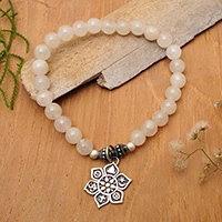 Moonstone beaded stretch bracelet, 'Unity Flower' - Moonstone Beaded Stretch Bracelet from Bali