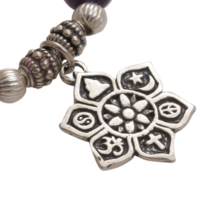 Amethyst beaded charm bracelet, 'Unity Flower' - Amethyst Religious Beaded Stretch Bracelet from Bali