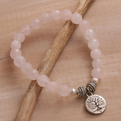 Rose quartz beaded stretch bracelet, 'Sunrise Tree' - Tree-Themed Rose Quartz Beaded Stretch Bracelet from Bali