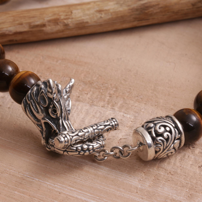 Men's tiger's eye beaded bracelet, 'Dragon Glory' - Tiger's Eye and 925 Silver Beaded Dragon Bracelet from Bali