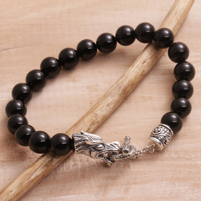 Onyx-Perlenarmband für Herren - Drachenarmband aus Onyx und Sterlingsilber mit Perlen aus Bali