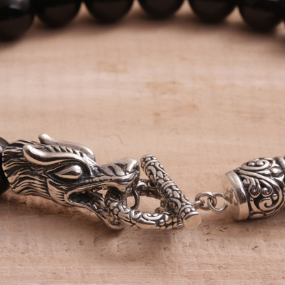 Men's onyx beaded bracelet, 'Dragon Glory' - Onyx and Sterling Silver Beaded Dragon Bracelet from Bali