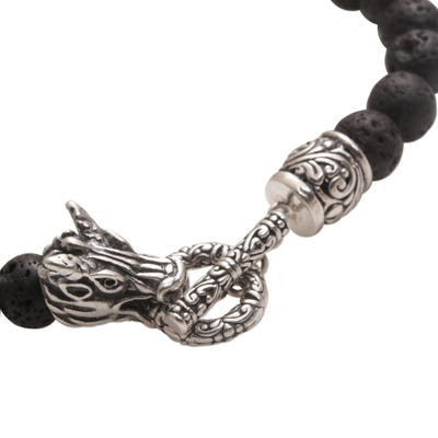 Men's lava stone beaded bracelet, 'Dragon Glory' - Lava Stone and 925 Silver Beaded Dragon Bracelet from Bali