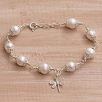 Cultured pearl charm bracelet, 'Moonlight Dragonfly' - Cultured Pearl and Sterling Silver Dragonfly Charm Bracelet