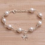 Cultured pearl charm bracelet, 'Moonlight Dragonfly' - Cultured Pearl and Sterling Silver Dragonfly Charm Bracelet