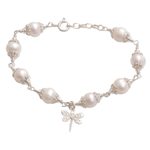 Cultured pearl charm bracelet, 'Moonlight Dragonfly' - Cultured Pearl and Sterling Silver Dragonfly Charm Bracelet