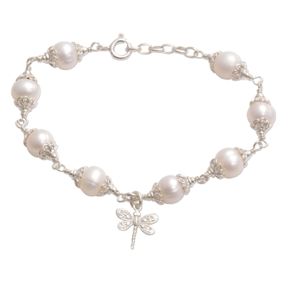 Cultured Pearl and Sterling Silver Dragonfly Charm Bracelet