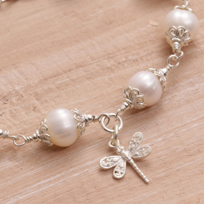 Cultured pearl charm bracelet, 'Moonlight Dragonfly' - Cultured Pearl and Sterling Silver Dragonfly Charm Bracelet