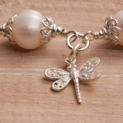 Cultured pearl charm bracelet, 'Moonlight Dragonfly' - Cultured Pearl and Sterling Silver Dragonfly Charm Bracelet