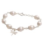 Cultured pearl charm bracelet, 'Moonlight Dragonfly' - Cultured Pearl and Sterling Silver Dragonfly Charm Bracelet