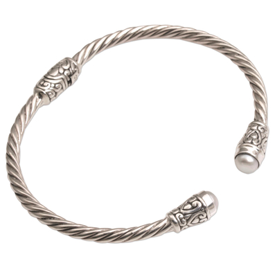 Cultured pearl cuff bracelet, 'Spiral Temple' - Cultured Pearl and Sterling Silver Cuff Bracelet from Bali