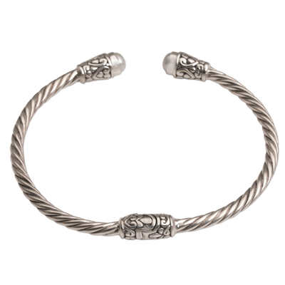 Cultured pearl cuff bracelet, 'Spiral Temple' - Cultured Pearl and Sterling Silver Cuff Bracelet from Bali