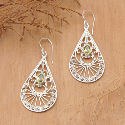 Peridot dangle earrings, 'Divine Tears' - Peridot and Sterling Silver Dangle Earrings from Bali