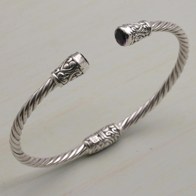 Amethyst cuff bracelet, 'Spiral Temple' - Amethyst and Sterling Silver Cuff Bracelet from Bali