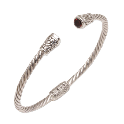 Garnet cuff bracelet, 'Spiral Temple' - Garnet and Sterling Silver Cuff Bracelet from Bali