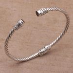 Garnet cuff bracelet, 'Spiral Temple' - Garnet and Sterling Silver Cuff Bracelet from Bali